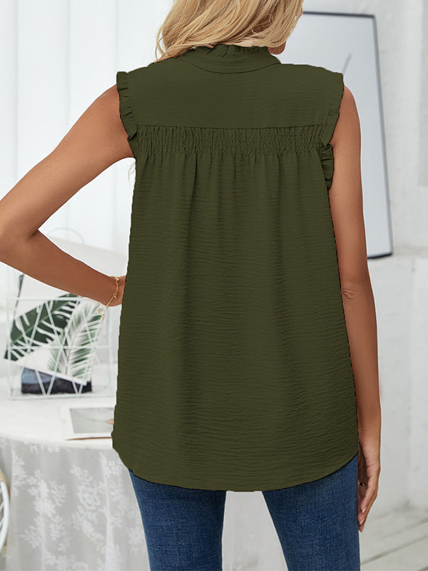 Loose Sleeveless Pleated Solid Color Stand Collar Vest Top