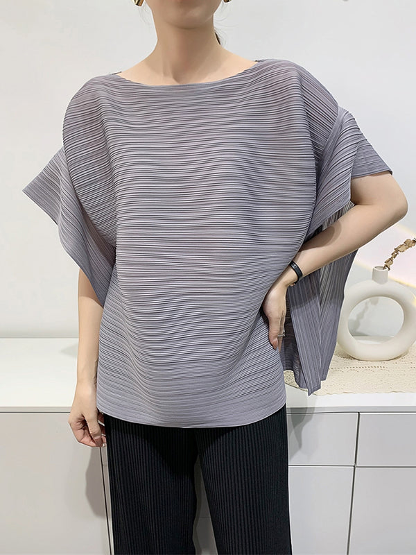 Batwing Sleeves Loose Pleated Solid Color Round-Neck T-Shirts Tops