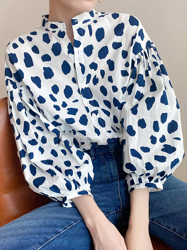 Loose Puff Sleeves Pleated Polka-Dot Split-Joint Stand Collar Blouses