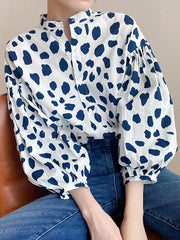 Loose Puff Sleeves Pleated Polka-Dot Split-Joint Stand Collar Blouses