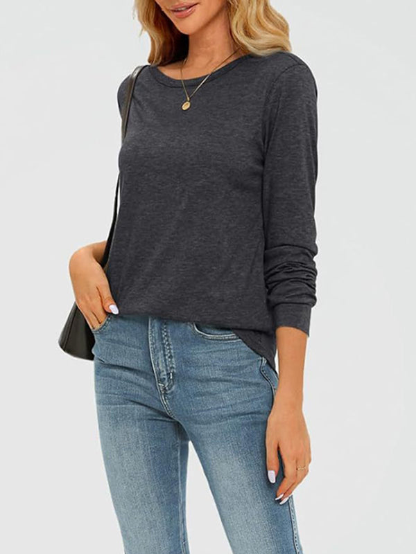 Long Sleeves Loose Solid Color Round-Neck T-Shirts Tops