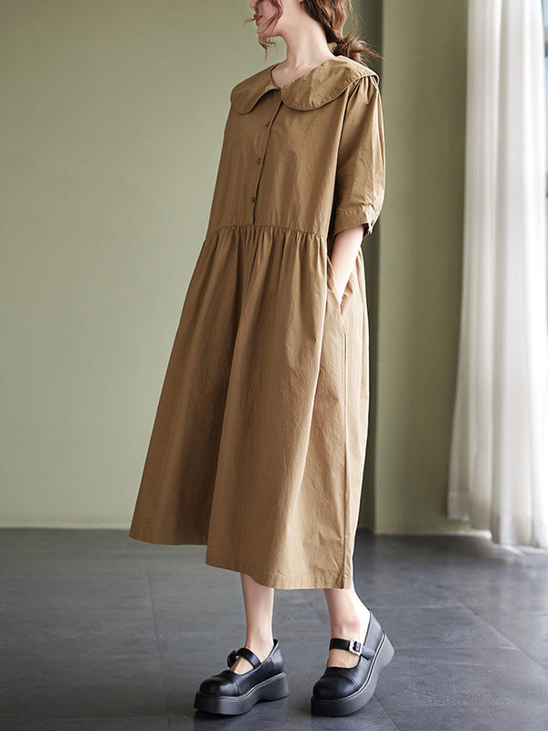 Original Loose Solid Color Buttoned Pleated Midi Dress