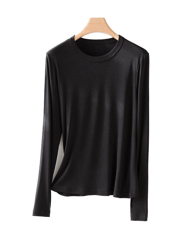 Long Sleeves Solid Color Round-Neck Skinny T-Shirts Tops