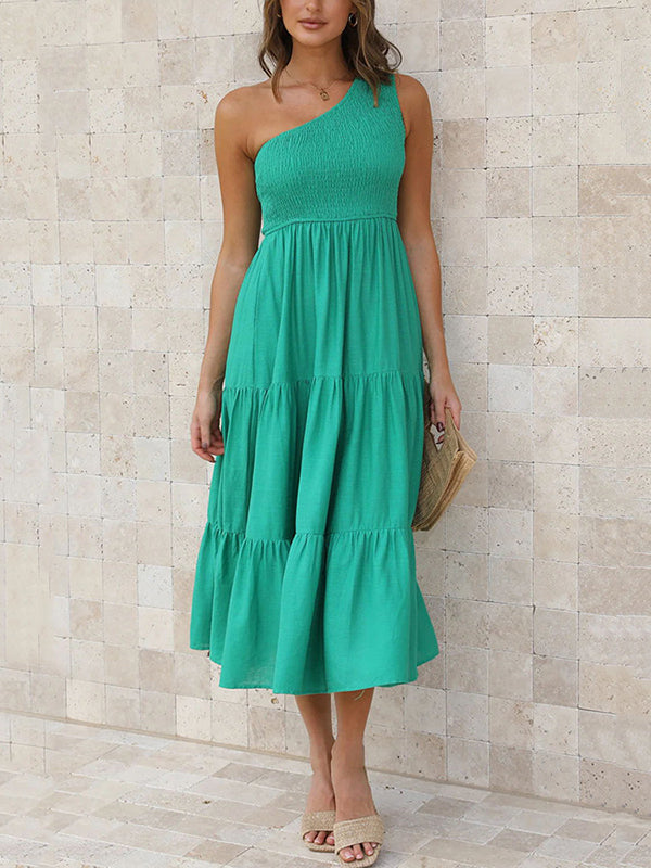 Loose Pleated Solid Color One-Shoulder Midi Dresses