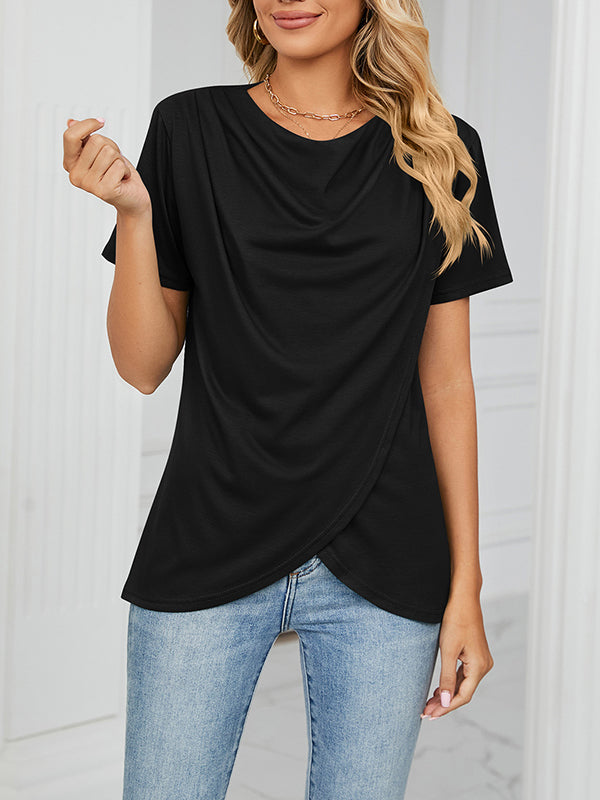 Loose Short Sleeves Pleated Solid Color Split-Joint Round-Neck T-Shirts