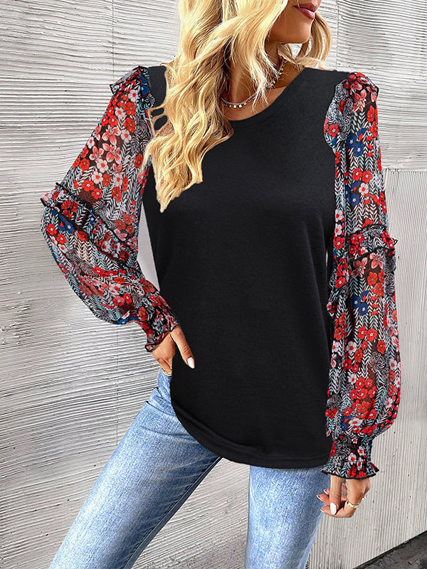 Long Sleeves Loose Flower Print Split-Joint Round-Neck Blouses&Shirts Tops