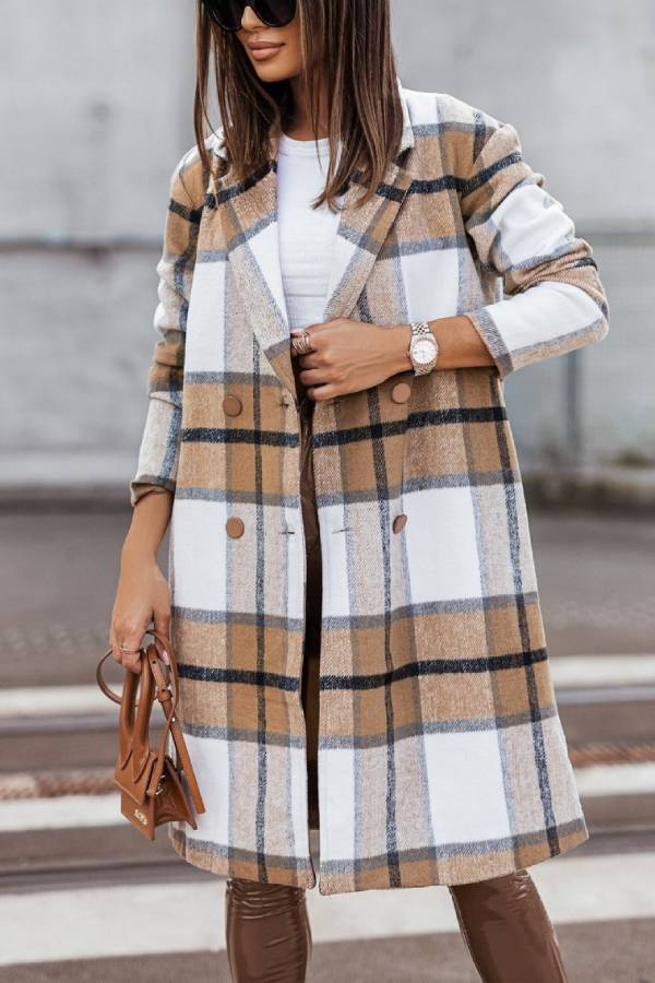 Women's Mid Length Double Breasted Plaid Print Woolen Coat