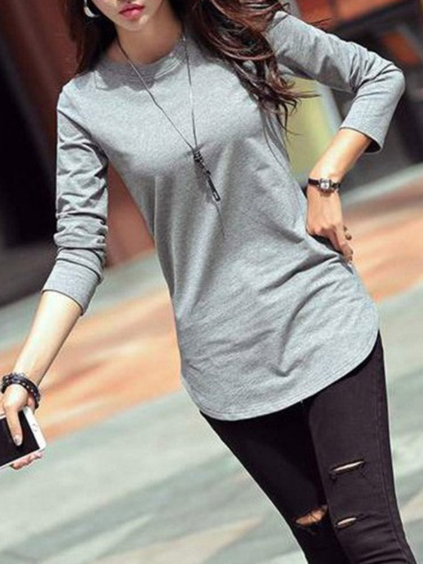 Long Sleeves Solid Color Round-Neck T-Shirts Tops