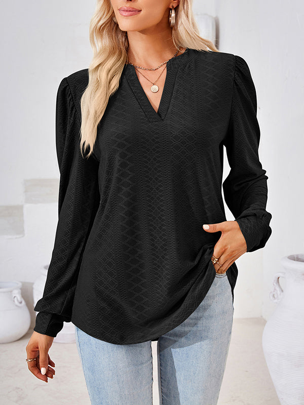 Long Sleeves Loose Jacquard Solid Color V-neck T-Shirts Tops