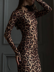 Bodycon Long Sleeves Leopard Printed Round-Neck Maxi Dresses