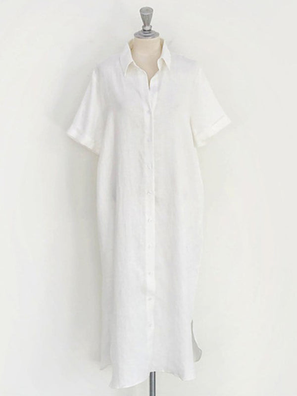 Simple 3 Colors Loose Casual Short Sleeve Shirt Dress