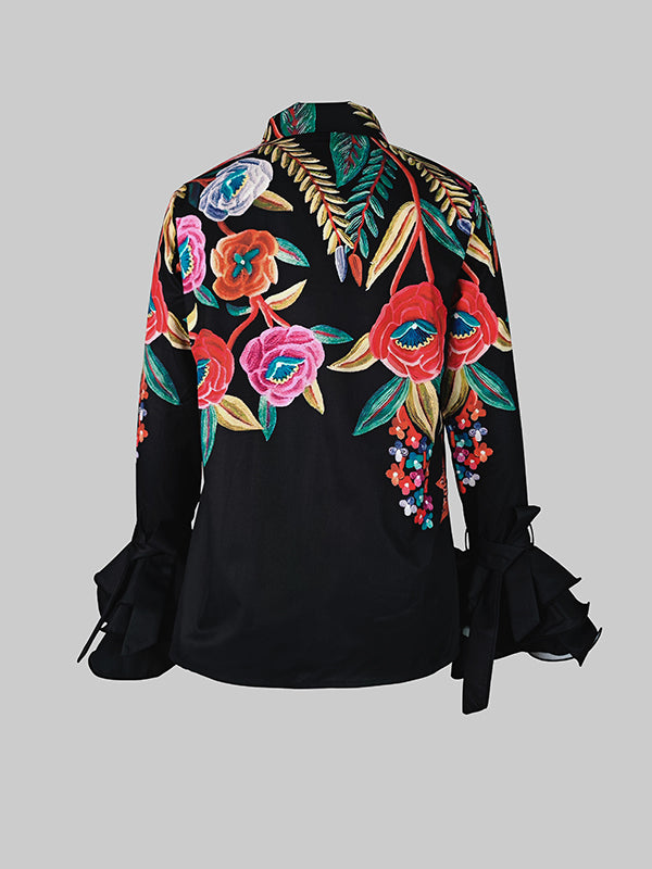 Flared Sleeves Long Sleeves Buttoned Contrast Color Flower Print Lapel Blouses&Shirts Tops