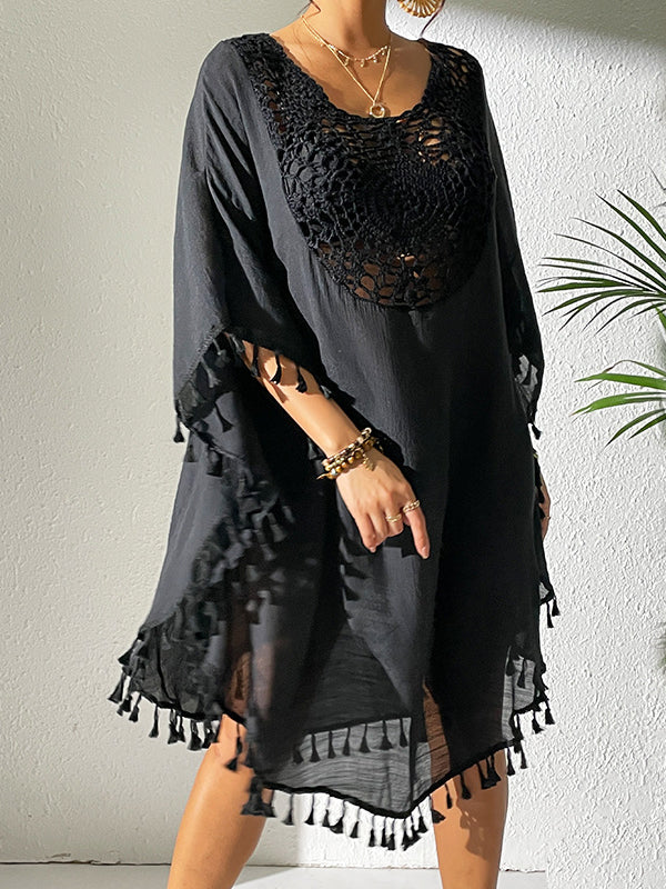 Batwing Sleeves Loose Hollow Solid Color Sun Protection Tasseled Round-Neck Cover-Ups Tops Midi Dresses