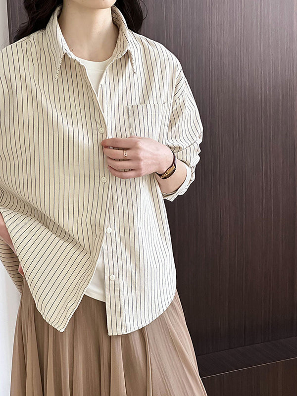 Long Sleeves Loose Buttoned Pockets Striped Lapel Blouses&Shirts Tops