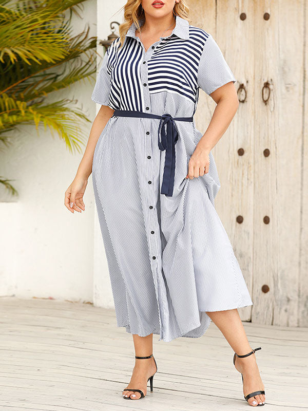 Loose Plus Size Buttoned Split-Joint Striped Tied Waist Lapel Maxi Dresses Shirt Dress