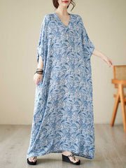 Batwing Sleeves Loose Printed V-Neck Maxi Dresses