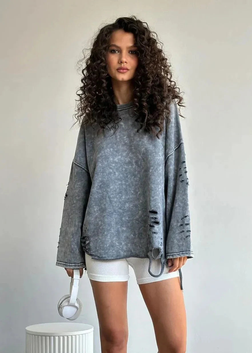 Distressed Relaxed Fit Crew Neck Sweater