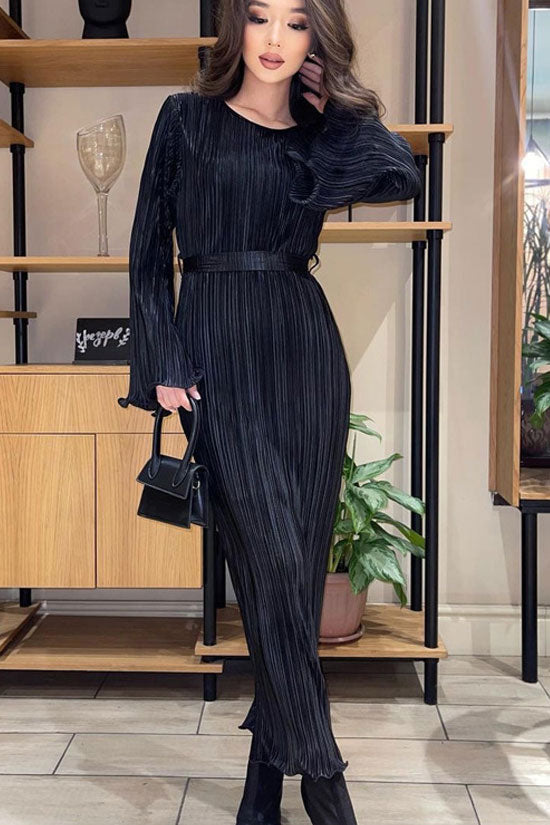 Celebrity Style Crew Neck Bell Sleeve Shift Pleated Maxi Dress - Black