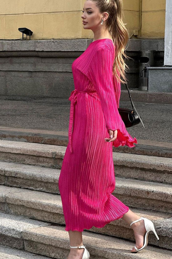 Celebrity Style Crew Neck Bell Sleeve Shift Pleated Maxi Dress - Hot Pink