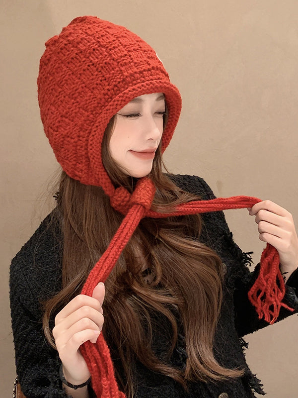 Contrast Color Solid Color Tasseled Knitted Hats