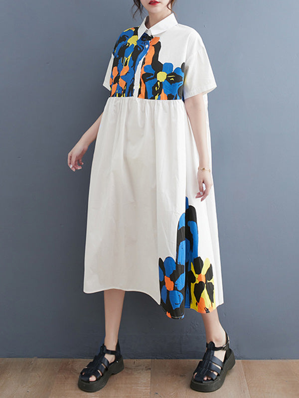 Artistic Retro Loose Short Sleeves Floral Printed Split-Joint Lapel Collar Midi Dresses