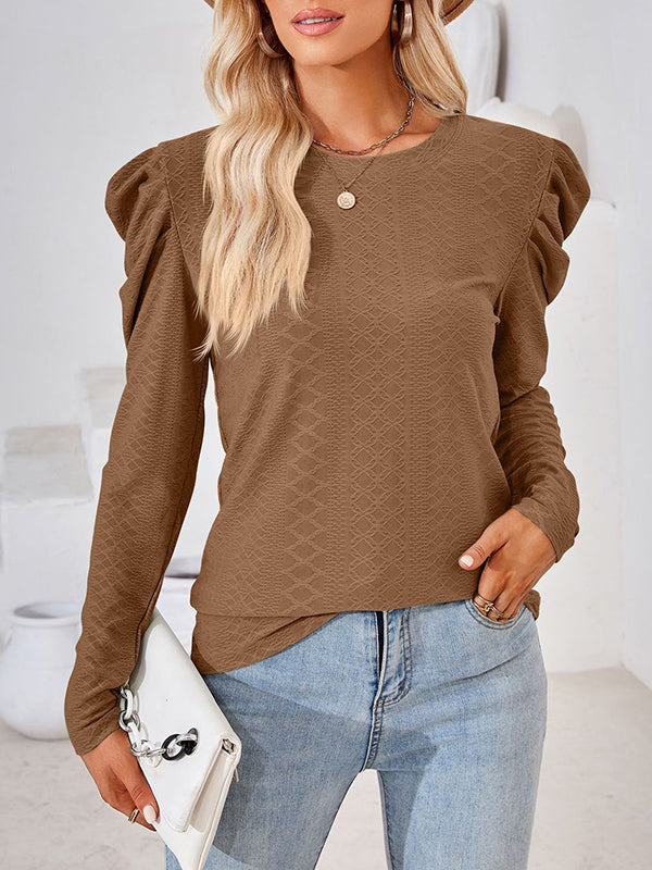 Long Sleeves Loose Pleated Solid Color Round-Neck T-Shirts Tops