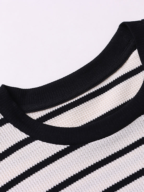 Long Sleeves Skinny Contrast Color Striped Round-Neck T-Shirts Tops