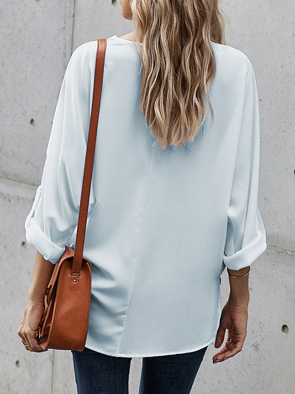 High-Low Loose Buttoned Solid Color V-Neck T-Shirts Tops