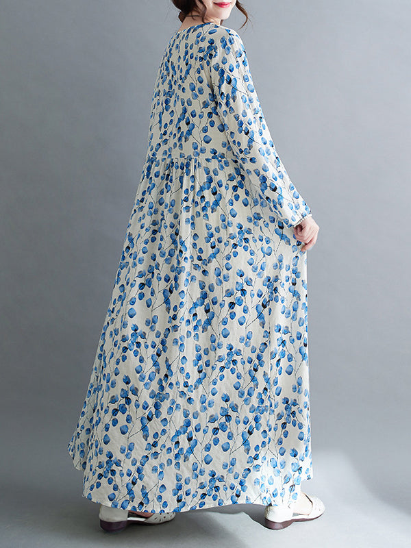 Long Sleeves Loose Flower Print Split-Joint Round-Neck Midi Dresses