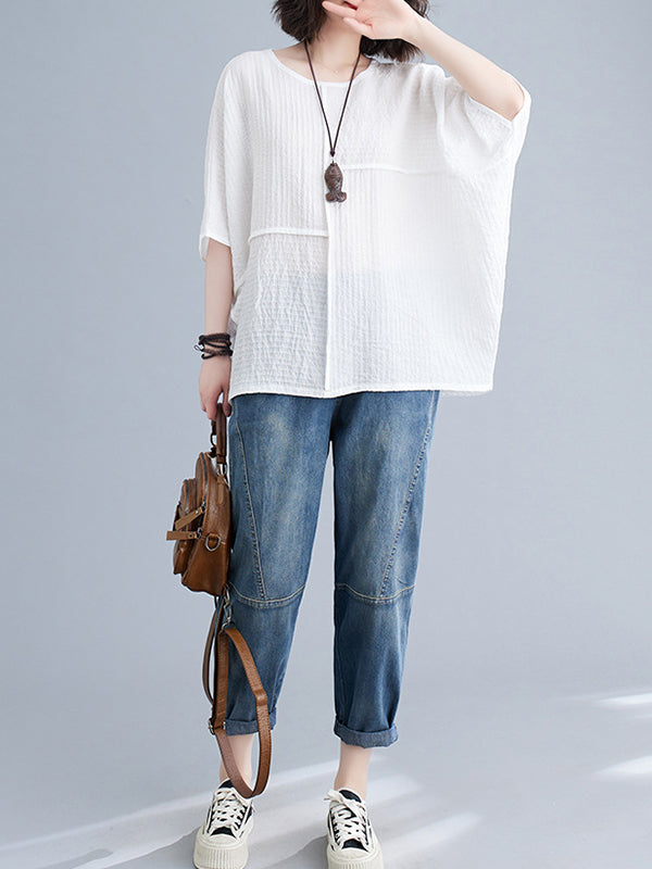 Batwing Sleeves Loose Solid Color Split-Joint Round-Neck T-Shirts Tops