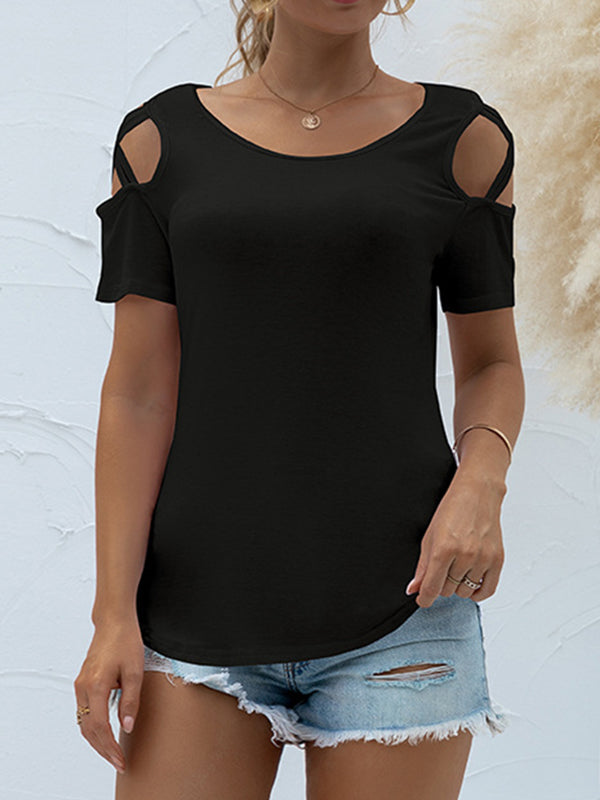 Loose Short Sleeves Hollow Solid Color Round-Neck T-Shirts Tops