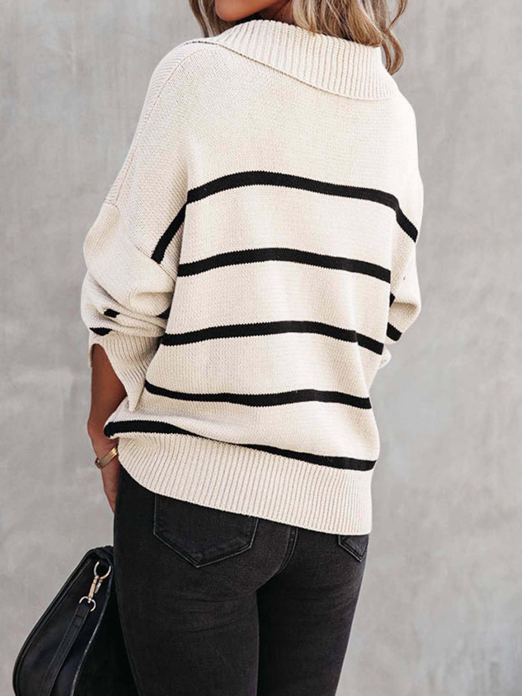 Stripe Color Matching Long Sleeved Top V Pullover Knit