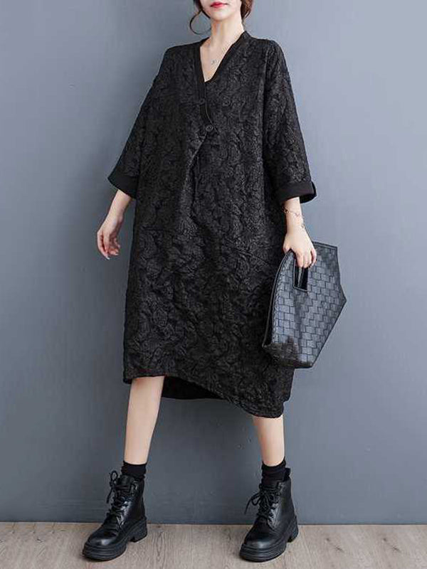 A-Line Half Sleeves Asymmetric Buttoned Jacquard V-Neck Midi Dresses