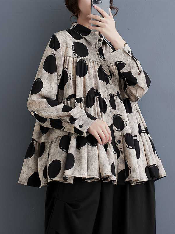 Long Sleeves Loose Pleated Polka-Dot Split-Joint Lapel Blouses