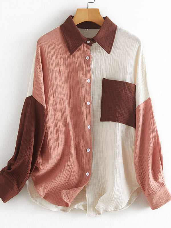 Casual Long Sleeves Contrast Color Split-Joint Lapel Blouses