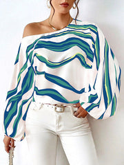 Long Sleeves Loose Asymmetric Striped One-Shoulder Blouses&Shirts Tops