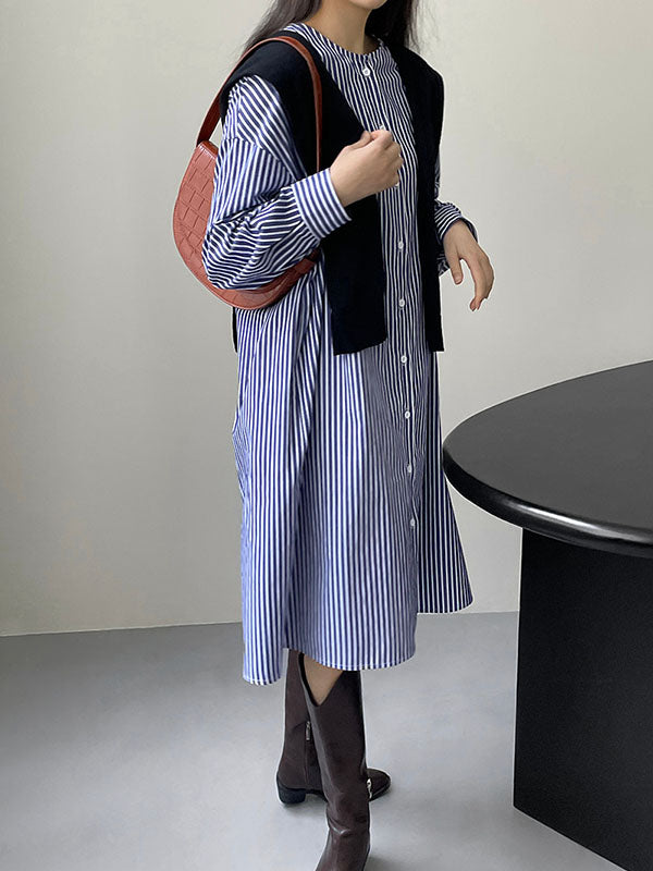 Long Sleeves Loose Striped Round-Neck Midi Dresses Shirt Dress