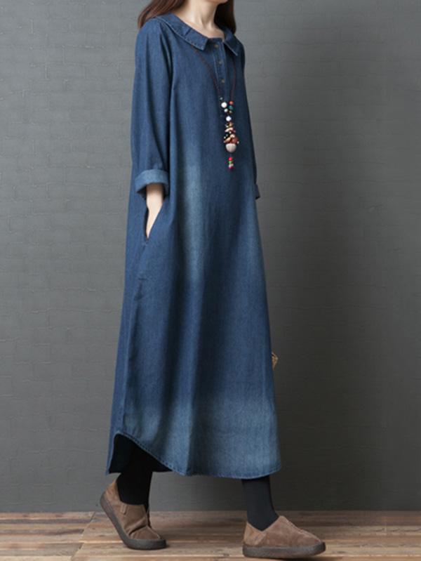 Loose Denim Shirt Maxi Dresses