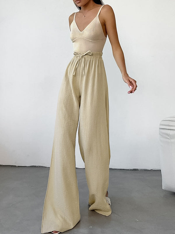 High Waisted Loose Drawstring Elasticity Solid Color Split-side Pants Trousers