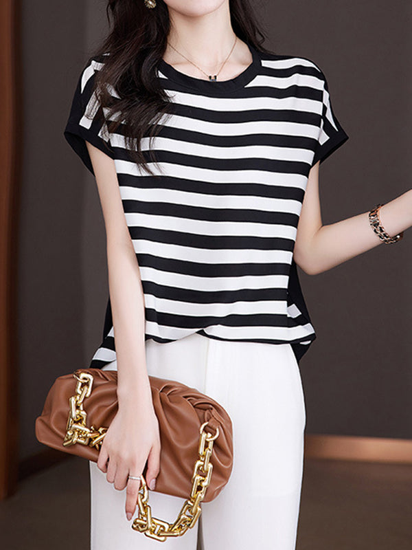 Loose Plus Size Contrast Color Striped Round-Neck T-Shirts