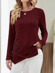 Long Sleeves Loose Asymmetric Buttoned Round-Neck T-Shirts Tops