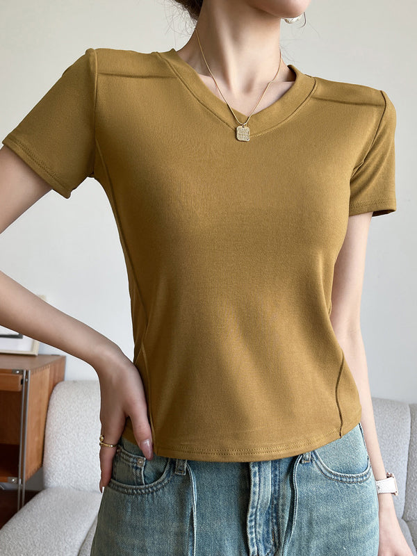 Short Sleeves Skinny Solid Color Split-Joint V-Neck T-Shirts