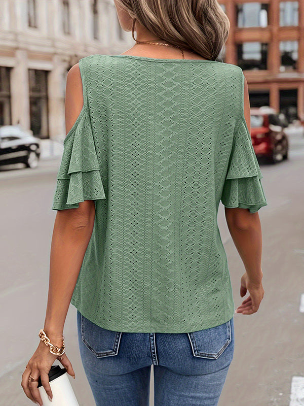 Half Sleeves Loose Double Layered Hollow Jacquard Solid Color Cold Shoulder T-Shirts Tops