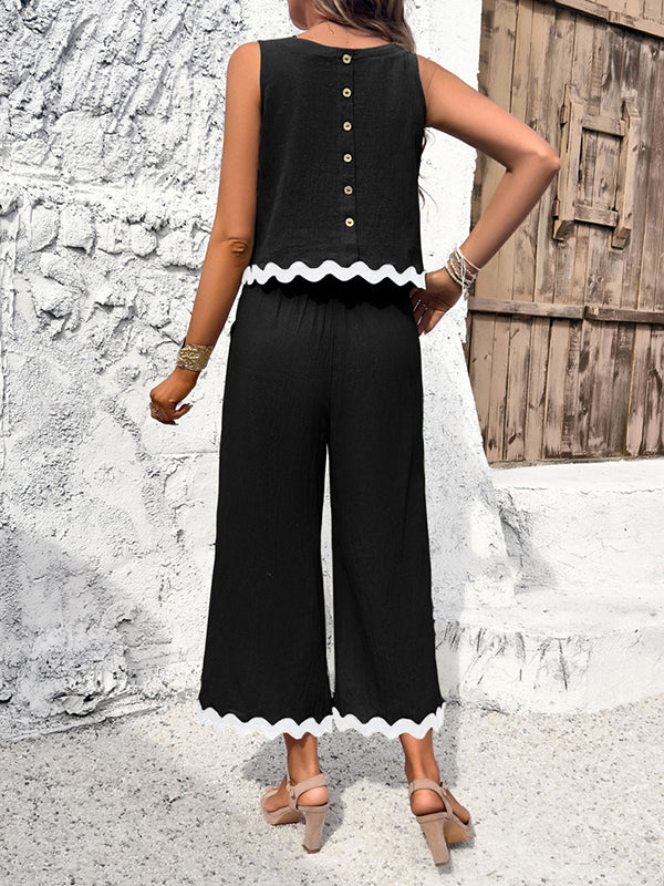 Loose Sleeveless Buttoned Contrast Color Split-Joint Vest Top + Pockets Pants Bottom Two Pieces Set