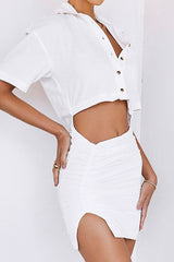 Chic Cutout Ruched Button Down Cotton Linen Shirt Mini Dress - White