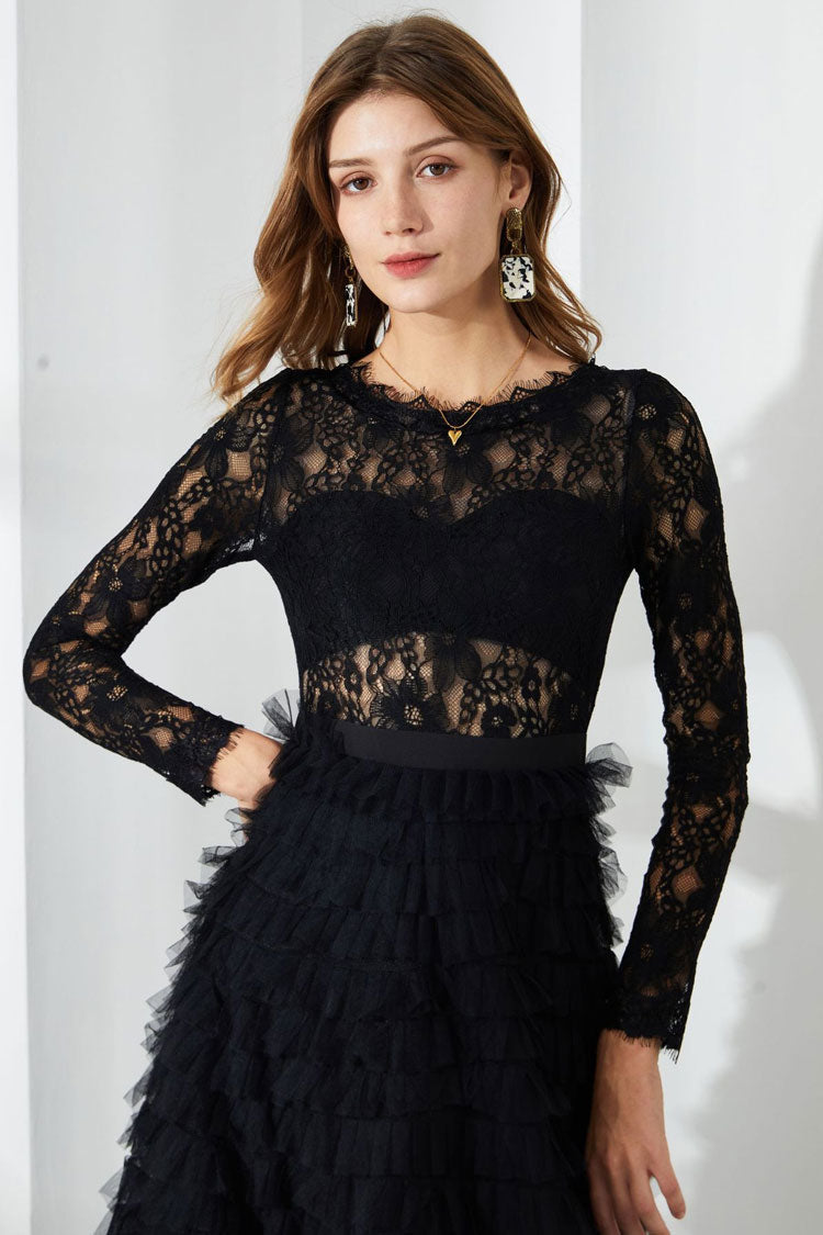 Chic Eyelash Lace Long Sleeve Tiered Ruffle Tulle Evening Maxi Dress - Black