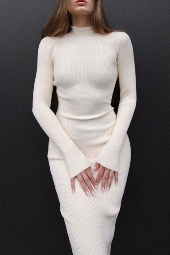 Chic High Neck Long Sleeve Bodycon Rib Knit Sweater Midi Dress - White