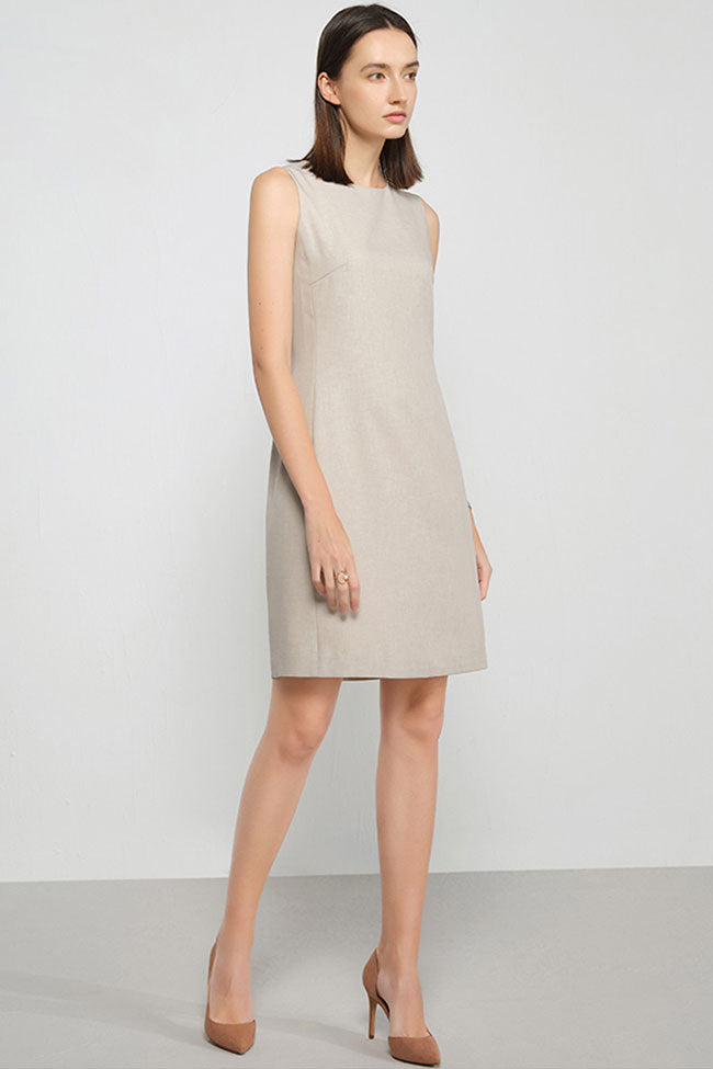 Chic Round Neck Solid Color Fitted Sleeveless Mini Dress - Khaki