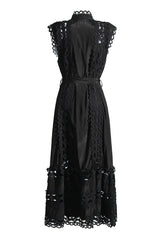 Chic Scalloped Eyelet High Neck Belted Sleeveless Button Up Shirt Maxi Dress