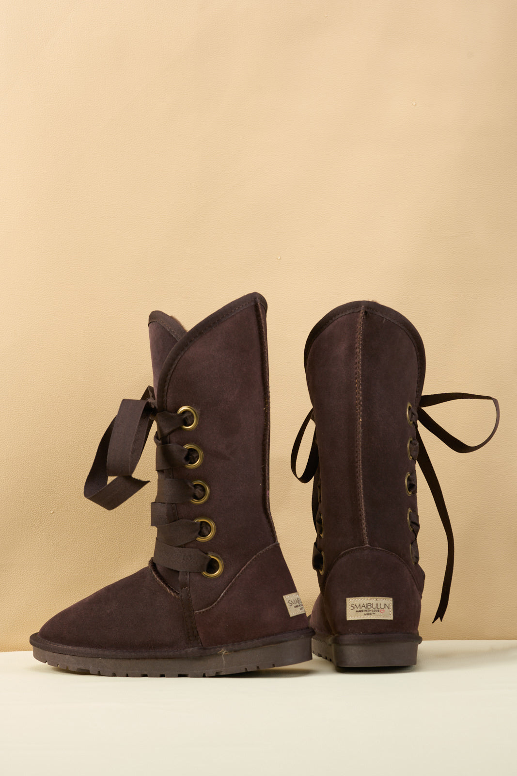 SMAIBULUN Ugg | Ribbon Lace-Up Faux Fur-lined Suede Boot - Chocolate